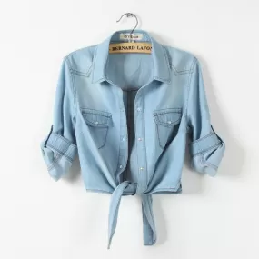 Front Tie Knot Denim shirt Crop Top Jean Blouse